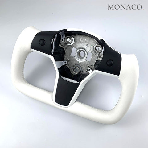 Custom carbon fiber steering wheel for Tesla Model 3 Model Y (2017–2023): White Black Leather Carbon Yoke