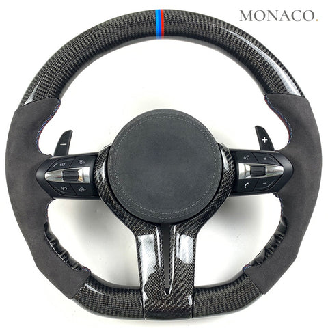 Custom carbon fiber steering wheel for BMW M2 F87, M3 F80, M4 F82-F83, 3 Series F30, 5 Series F10, M5-M6, X1-X2-X5-X6 (2008–2019): Alcantara