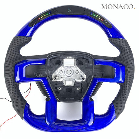 Custom carbon fiber steering wheel for Ford F-150 Raptor (2015–2020): Perforated Leather LED Blue Carbon