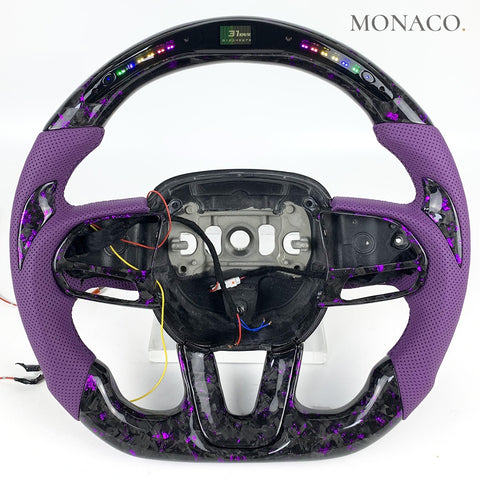 Custom carbon fiber steering wheel for Dodge Challenger SRT (2015–2023): Purple Perforated Leather LED Forged Carbon