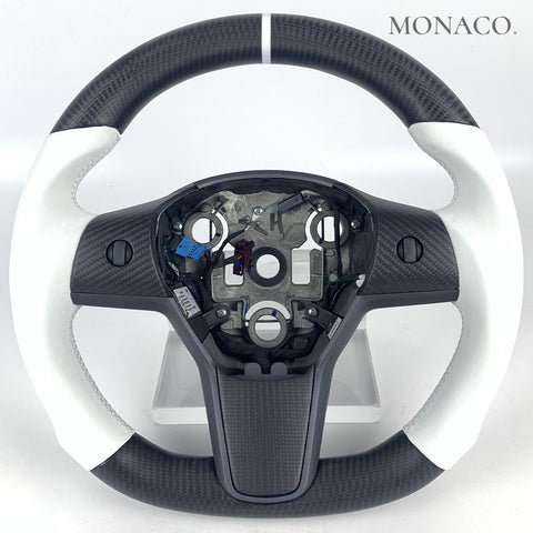 Custom carbon fiber steering wheel for Tesla Model 3 Model Y (2017–2023): White Smooth Leather Matte Carbon