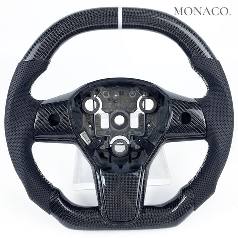 Custom carbon fiber steering wheel for Tesla Model 3 Model Y Model X Model S (2017–2023): Perforated Leather Carbon