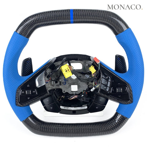 Custom carbon fiber steering wheel for Chevrolet Corvette C8 (2021–2023): Blue Perforated Leather Carbon