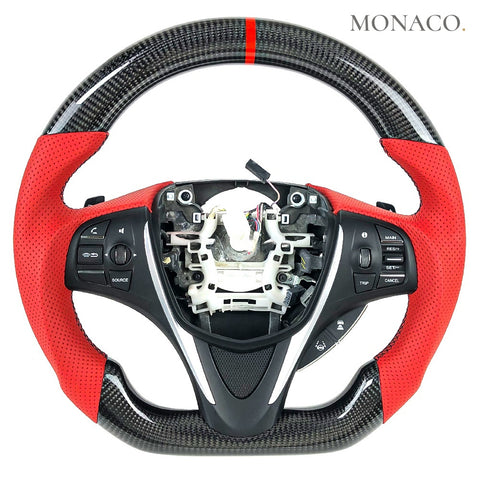 Custom carbon fiber steering wheel for Acura TLX (2015–2020): Red Perforated Leather Carbon