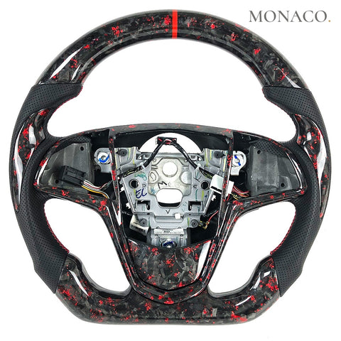 Custom carbon fiber steering wheel for Cadillac ATS CTS (2013–2017): Perforated Leather Red Forged Carbon