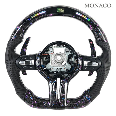 Custom carbon fiber steering wheel for BMW 2 Series F22, 3 Series F30, 4 Series F32, M3 F80, M4 F82 (2011–2019): LED Blue Pink Forged Carbon