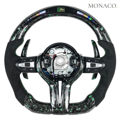 Custom carbon fiber steering wheel for BMW 3 Series F30, 5 Series F10, M3 F80, M4 F82, M5 F90 (2011–2019): LED Green Forged Carbon
