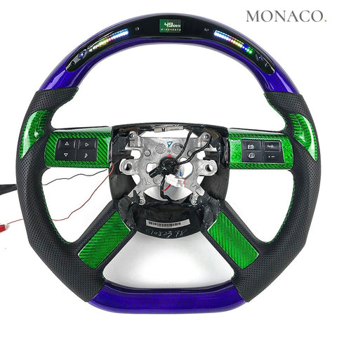 Custom carbon fiber steering wheel for Dodge Challenger, Chrysler 300C (2008–2014): LED Green Purple Carbon