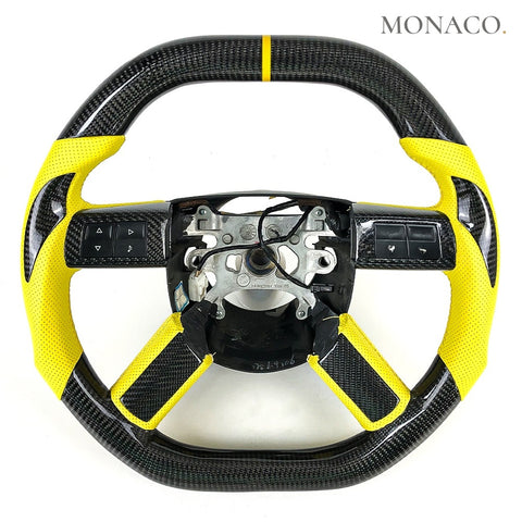 Custom carbon fiber steering wheel for Chrysler 300C, Dodge Charger Challenger (2005–2010): Yellow Perforated Leather Carbon