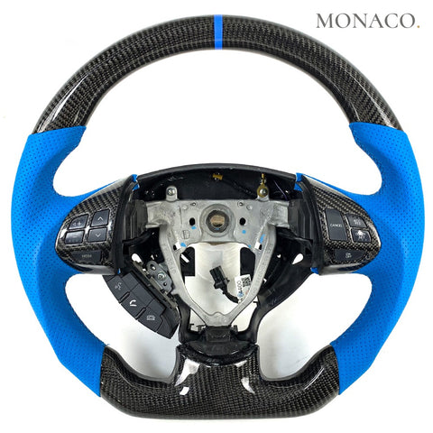 Custom carbon fiber steering wheel for Mitsubishi Lancer Evolution X (2008–2015): Blue Perforated Leather Carbon