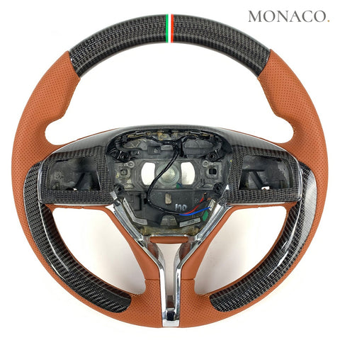 Custom carbon fiber steering wheel for Maserati Ghibli Quattroporte GTS (2014–2020): Brown Perforated Leather Carbon