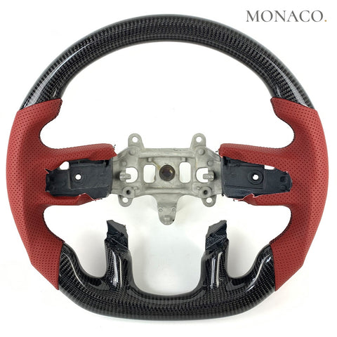 Custom carbon fiber steering wheel for Dodge Ram 1500 2500 3500 (2019–2023): Red Perforated Leather Carbon