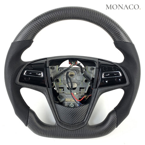 Custom carbon fiber steering wheel for Cadillac ATS CTS XTS (2013–2019): Perforated Leather Matte Carbon