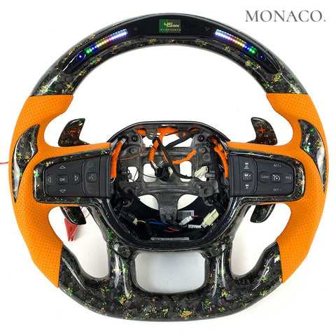 Custom carbon fiber steering wheel for Dodge Ram 1500 (2019–2024): Orange Suede LED Forged Carbon