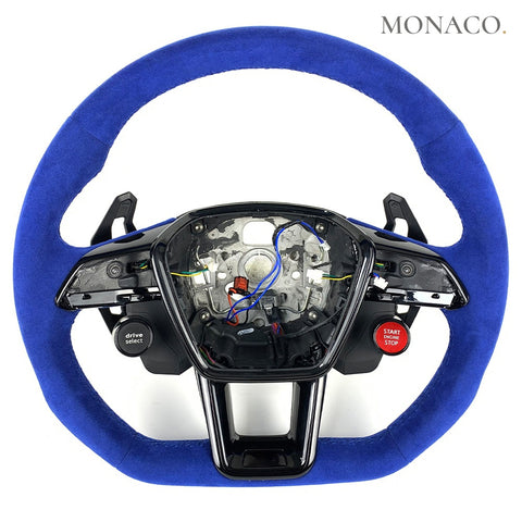 Custom carbon fiber steering wheel for Audi A6 A7 C8 A3 S6 S7 RS6 RS7 (2018–2022): All Blue Suede Carbon