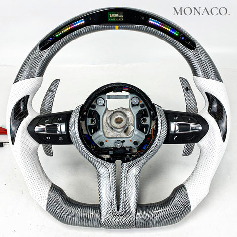 Custom carbon fiber steering wheel for BMW M3 F80, M4 F82, 3 Series F30, 5 Series F10 (2012–2020): White Perforated Leather