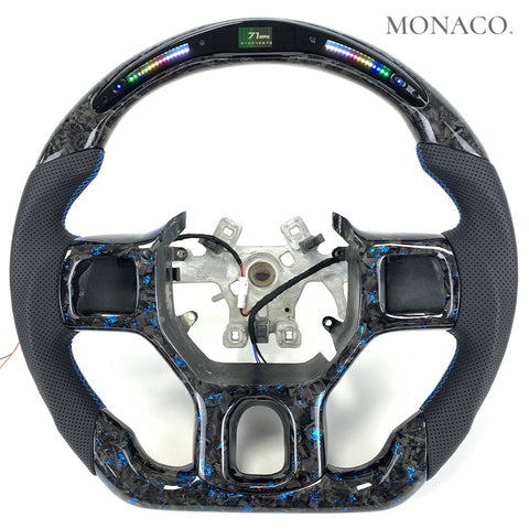 Custom carbon fiber steering wheel for Dodge Ram 1500 (2013–2018): Perforated Leather LED Blue Forged Carbon