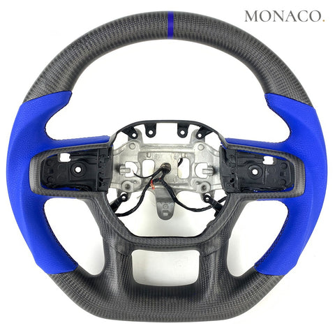 Custom carbon fiber steering wheel for Dodge Ram 1500 (2019–2024): Blue Smooth Leather Matte Carbon