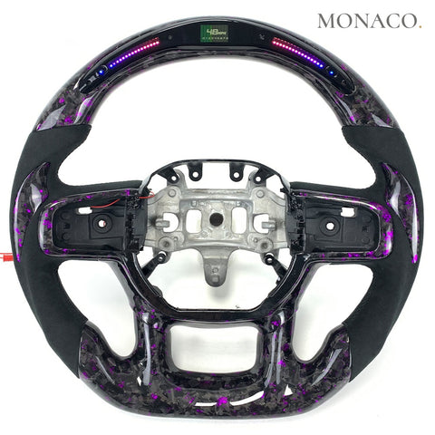 Custom carbon fiber steering wheel for Dodge Ram 1500 (2019–2024): Suede LED Purple Forged Carbon