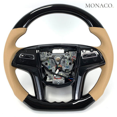 Custom carbon fiber steering wheel for Cadillac Escalade CTS ATS XTS SRX (2013–2020): Tan Perforated Leather Piano Black