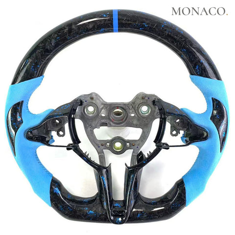 Custom carbon fiber steering wheel for Hyundai Elantra N i30N i20N (2019–2023): Blue Suede Forged Carbon