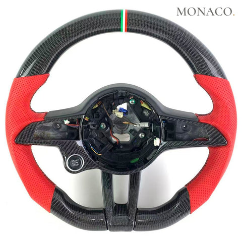 Custom carbon fiber steering wheel for Alfa Romeo Stelvio Giulia (2017–2023): Red Perforated Leather Carbon