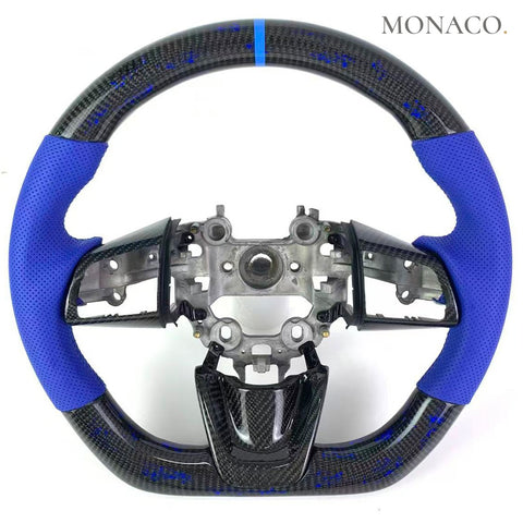 Custom carbon fiber steering wheel for Kia Stinger GT (2018–2023): Blue Perforated Leather Blue Powder Carbon