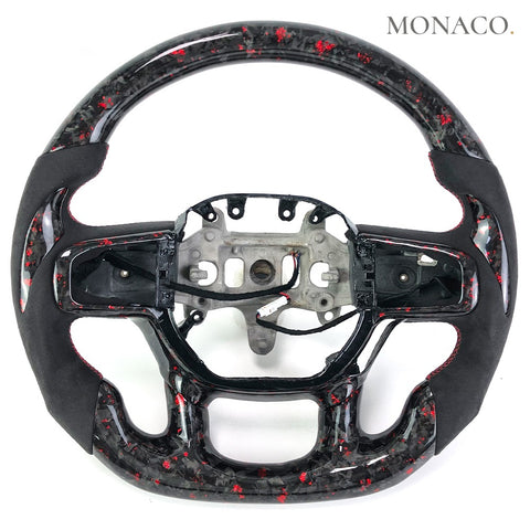 Custom carbon fiber steering wheel for Dodge Ram 1500 (2019–2024): Black Suede Red Forged Carbon