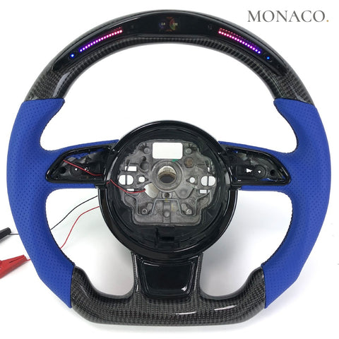 Custom carbon fiber steering wheel for Audi A3 A4 A5 A6 A7 A8 S3 S5 RS3 RS4 RS6 RS7 (2016–2024): Blue Perforated Leather LED Carbon