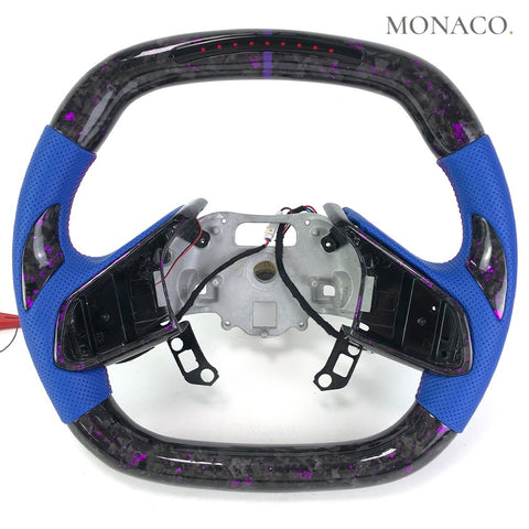 Custom carbon fiber steering wheel for Chevrolet Corvette C8 (2020–2024): Blue Perforated Leather LED Forged Carbon
