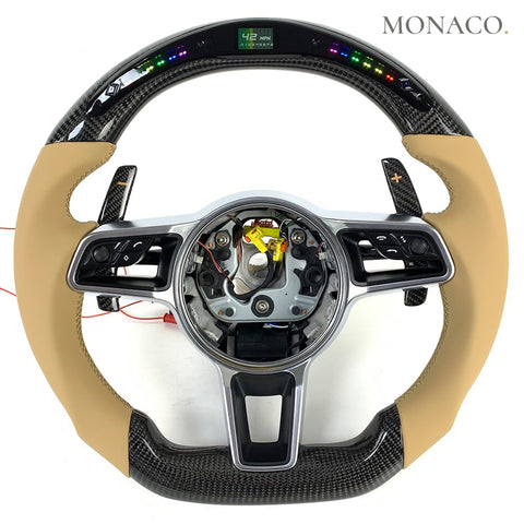 Custom carbon fiber steering wheel for Porsche Cayenne Macan Boxster Cayman Taycan Panamera 718 991 (2012–2024): Smooth Leather LED Carbon