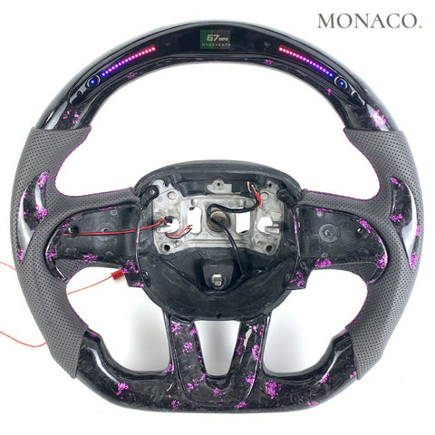 Custom carbon fiber steering wheel for Dodge Challenger Charger (2015–2023): Grey Perforated Leather LED Forged Carbon