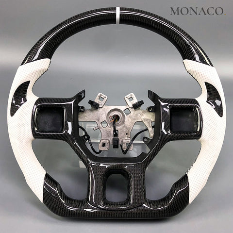 Custom carbon fiber steering wheel for Dodge Ram 1500 2500 (2013–2018): White Perforated Leather Carbon