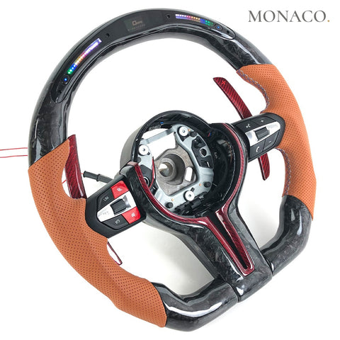 Custom carbon fiber steering wheel for BMW M3 F80, M4 F82, 3 Series F30, 5 Series F10, X5 F15, X6 F16 (2012–2020): Tan Perforated Leather