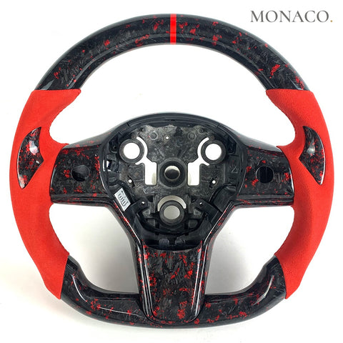Custom carbon fiber steering wheel for Tesla Model 3 Model Y (2017–2022): Red Powder Forged Carbon