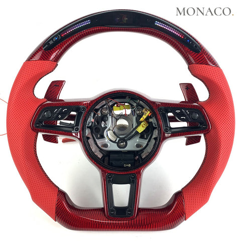 Custom carbon fiber steering wheel for Porsche Panamera Macan Cayenne Cayman 911 991 (2012–2019): Red Perforated Leather LED Red Carbon