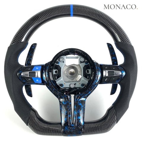 Custom carbon fiber steering wheel for BMW M3 F80, M4 F82, 3 Series F30, 5 Series F10 & M5 (2012–2020): Blue Forged Carbon
