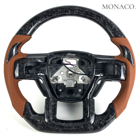 Custom carbon fiber steering wheel for Ford F-150 F-250 F-350 Raptor (2017–2020): Brown Perforated Leather Forged Carbon