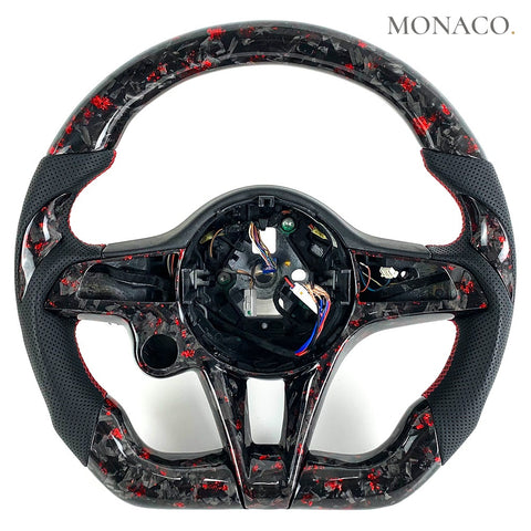 Custom carbon fiber steering wheel for Alfa Romeo Giulia Stelvio (2016–2019): Red Powder Forged Carbon