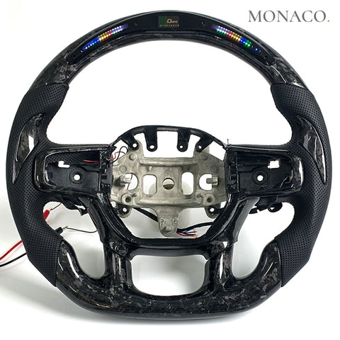 Custom carbon fiber steering wheel for Dodge Ram 1500 (2019–2024): Black Perforated Leather LED Forged Carbon