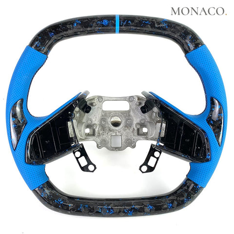 Custom carbon fiber steering wheel for Chevrolet Corvette C8 (2020–2024): Blue Perforated Leather Blue Powder Forged Carbon