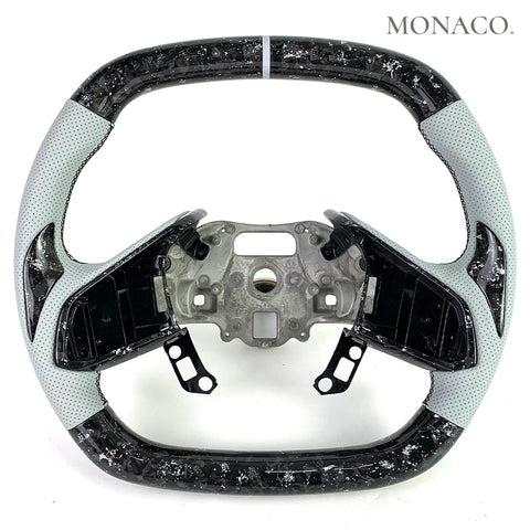 Custom carbon fiber steering wheel for Chevrolet Corvette C8 (2020–2023): White Perforated Leather Forged Carbon