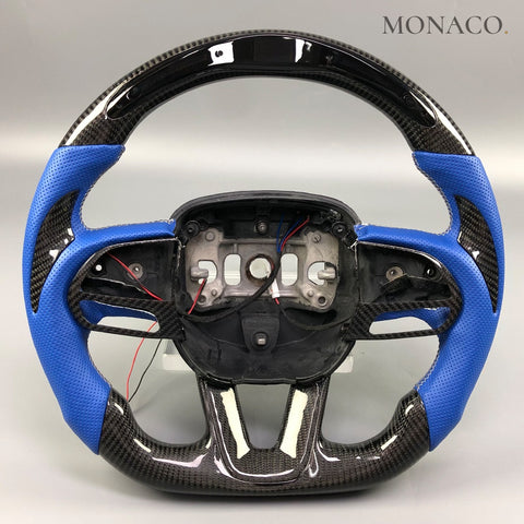 Custom carbon fiber steering wheel for Dodge Charger Challenger Hellcat (2015–2023): Blue Perforated Leather LED Carbon