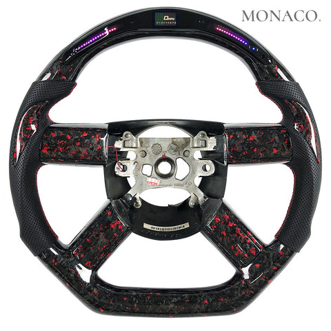 Custom carbon fiber steering wheel for Chrysler 300C, Dodge Challenger (2008–2011): Black Perforated Leather LED Red Forged Carbon