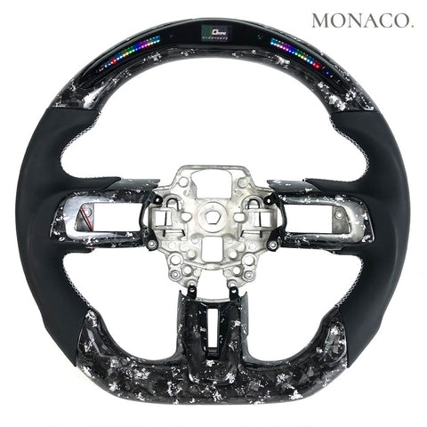 Custom carbon fiber steering wheel for Ford Mustang Shelby S550 (2015–2023): Black Smooth Leather LED Silver Forged Carbon