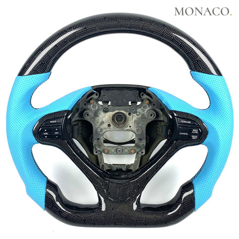 Custom carbon fiber steering wheel for Acura TL TSX (2009–2014): Blue Perforated Leather Honeycomb Carbon