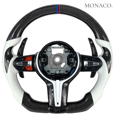 Custom carbon fiber steering wheel for BMW M3 F80, M4 F82, 3 Series F30, 5 Series F10 (2012–2020): White Perforated Leather