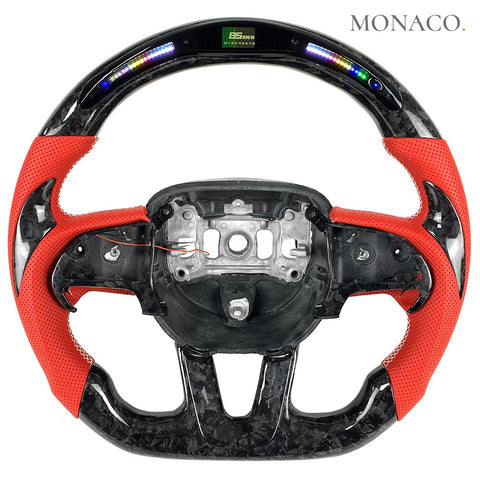 Custom carbon fiber steering wheel for Dodge Charger (2015–2023): Red Perforated Leather LED Forged Carbon