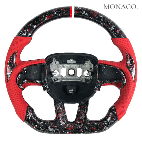 Custom carbon fiber steering wheel for Dodge Challenger Hellcat (2015–2023): Red Perforated Leather Multi-Color Forged Carbon