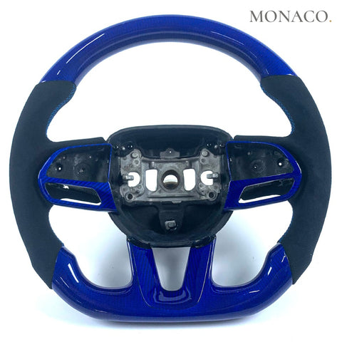 Custom carbon fiber steering wheel for Dodge Charger Challenger (2015–2021): Black Perforated Leather Blue Carbon